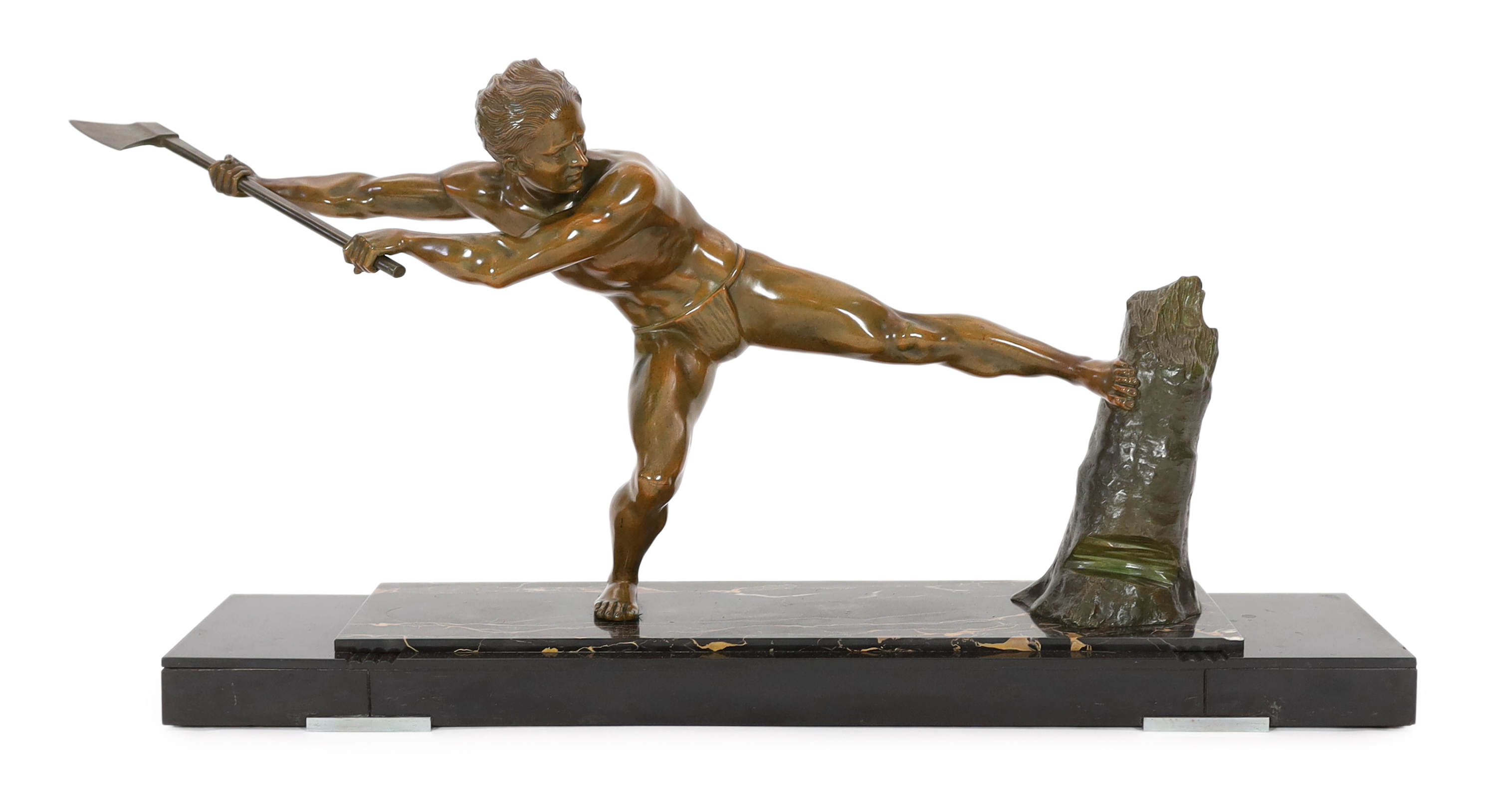 Pierre-Joseph Hugonnet (French, 1801-1885), an Art Deco bronze figure of a woodcutter overall 104cm wide, 20cm deep, 48cm high